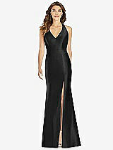 Front View Thumbnail - Black V-Neck Halter Satin Trumpet Gown