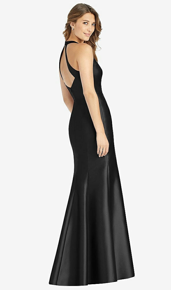 Back View - Black V-Neck Halter Satin Trumpet Gown