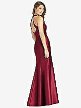 Rear View Thumbnail - Burgundy V-Neck Halter Satin Trumpet Gown