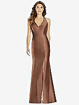 Front View Thumbnail - Cognac V-Neck Halter Satin Trumpet Gown