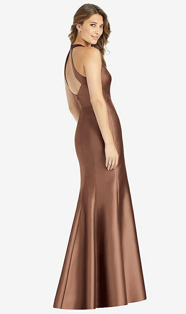 Back View - Cognac V-Neck Halter Satin Trumpet Gown