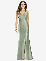 Front View Thumbnail - Sage V-Neck Halter Satin Trumpet Gown