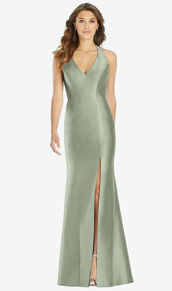 Front View - Sage V-Neck Halter Satin Trumpet Gown