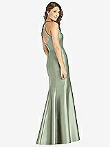Rear View Thumbnail - Sage V-Neck Halter Satin Trumpet Gown