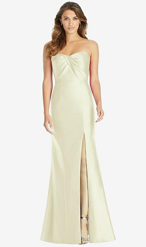 Front View - Butter Yellow Strapless Draped Bodice Trumpet Gown 