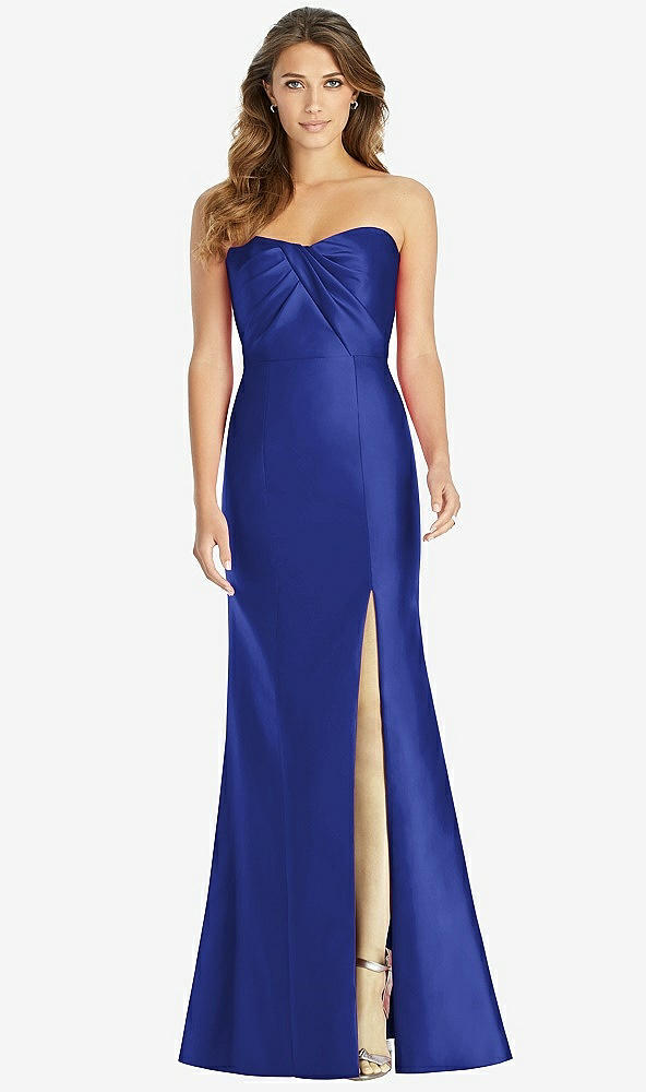 Front View - Cobalt Blue Strapless Draped Bodice Trumpet Gown 