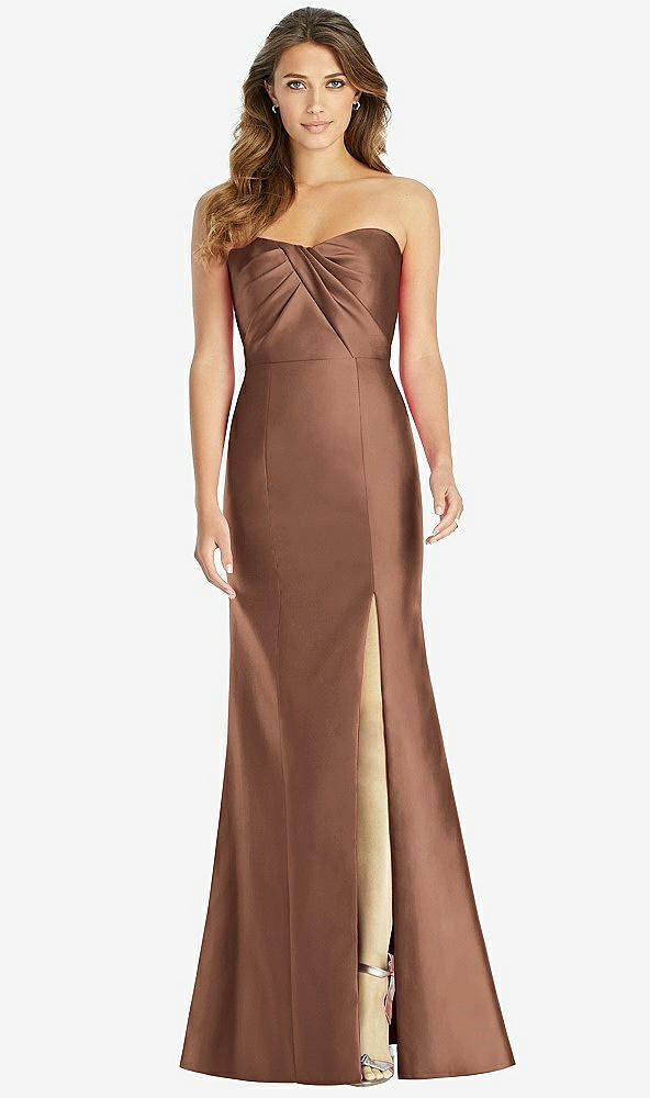 Front View - Cognac Strapless Draped Bodice Trumpet Gown 