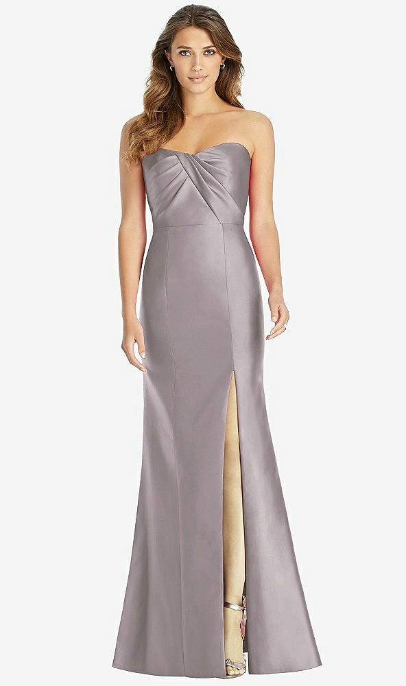 Front View - Cashmere Gray Strapless Draped Bodice Trumpet Gown 