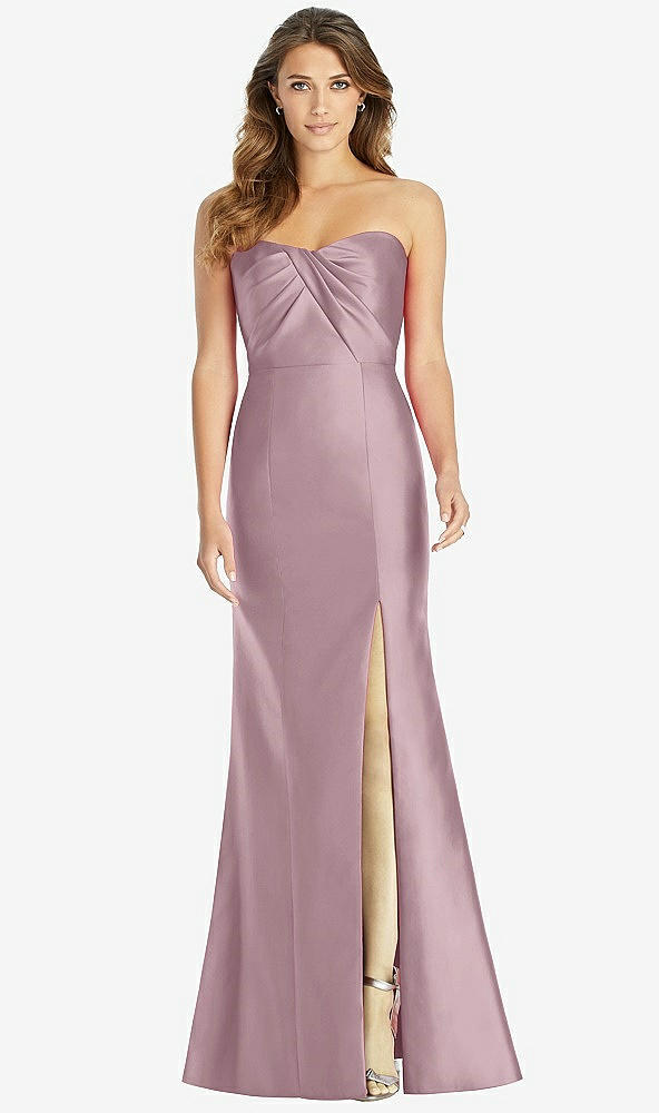 Front View - Dusty Rose Strapless Draped Bodice Trumpet Gown 