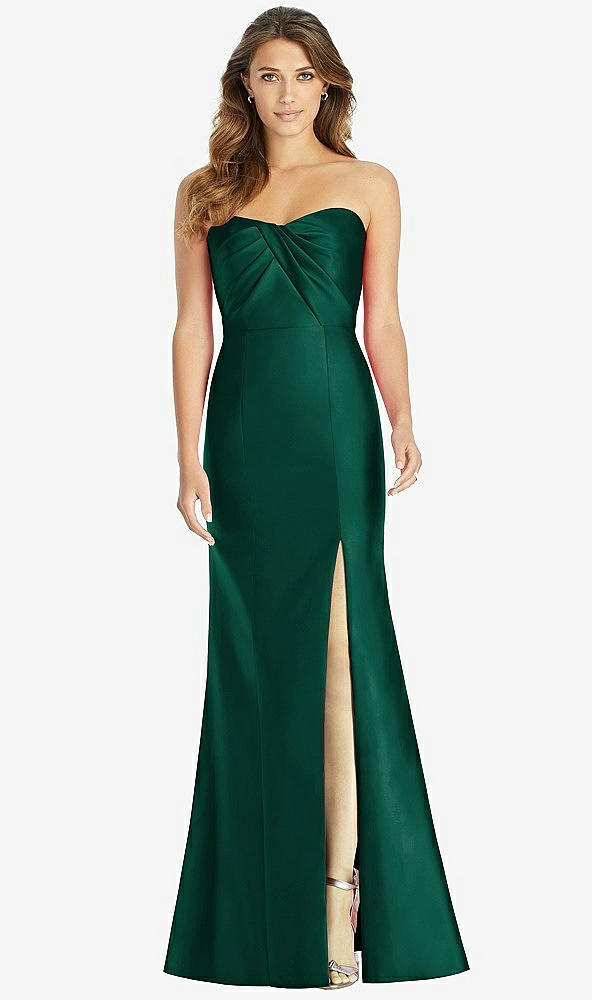 Front View - Hunter Green Strapless Draped Bodice Trumpet Gown 