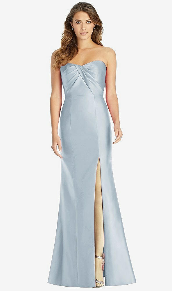 Front View - Mist Strapless Draped Bodice Trumpet Gown 