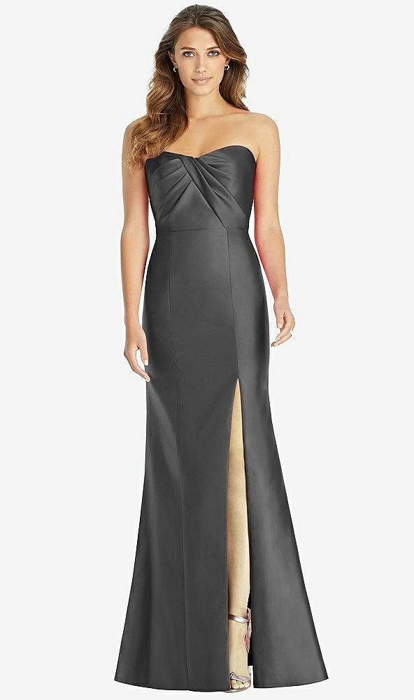 Front View - Pewter Strapless Draped Bodice Trumpet Gown 