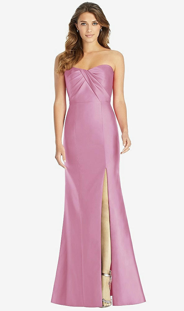 Front View - Powder Pink Strapless Draped Bodice Trumpet Gown 