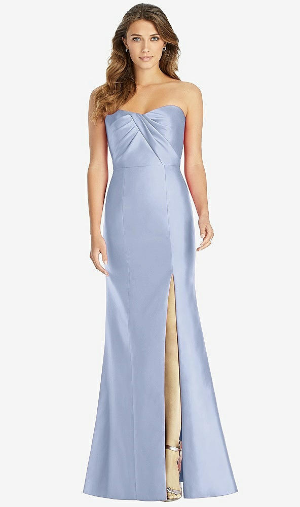 Front View - Sky Blue Strapless Draped Bodice Trumpet Gown 