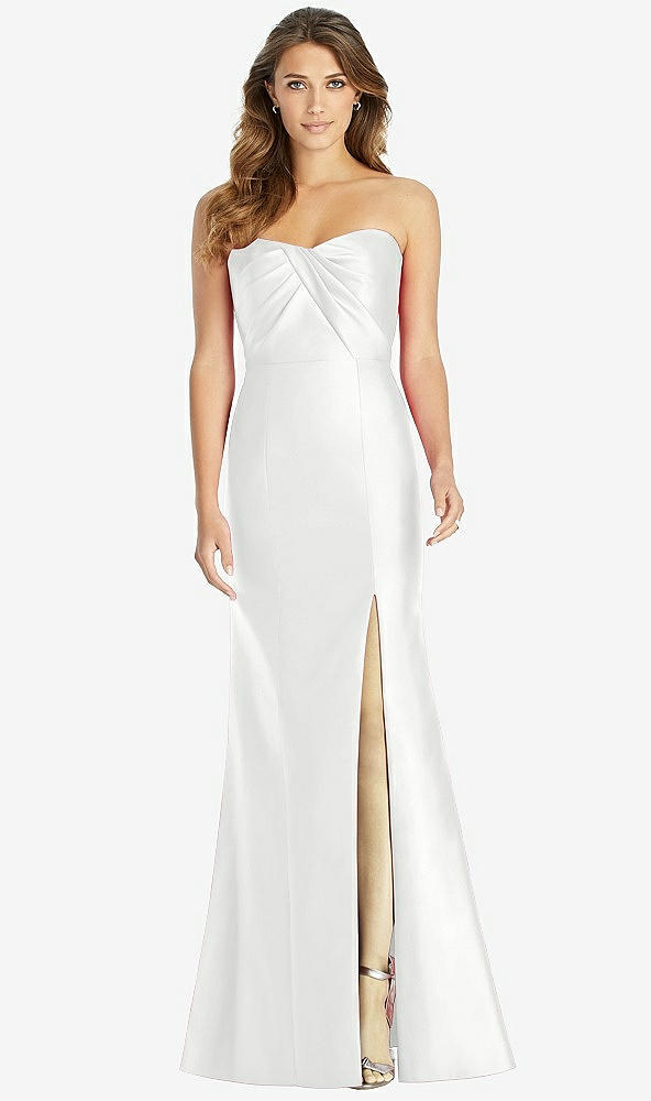 Front View - White Strapless Draped Bodice Trumpet Gown 