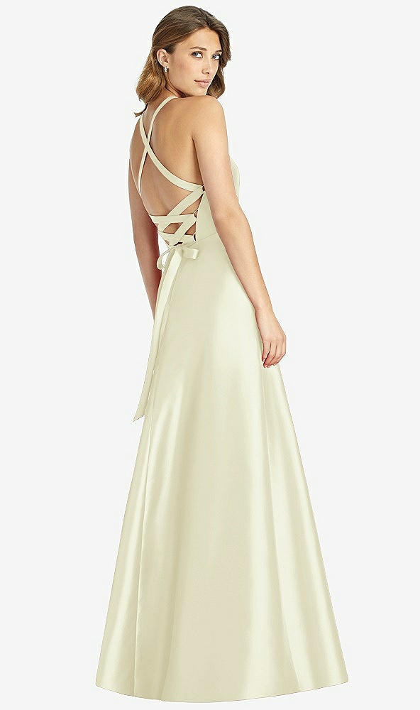 Back View - Butter Yellow Halter Lace-Up A-Line Maxi Dress