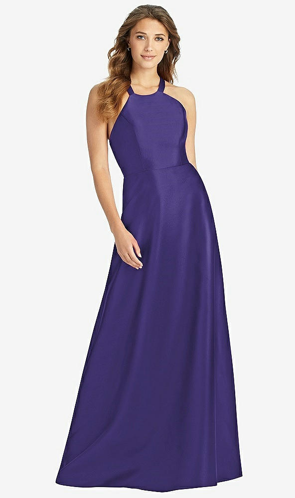 Front View - Grape Halter Lace-Up A-Line Maxi Dress