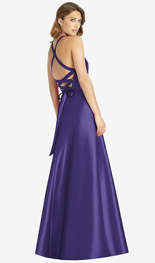 Back View - Grape Halter Lace-Up A-Line Maxi Dress