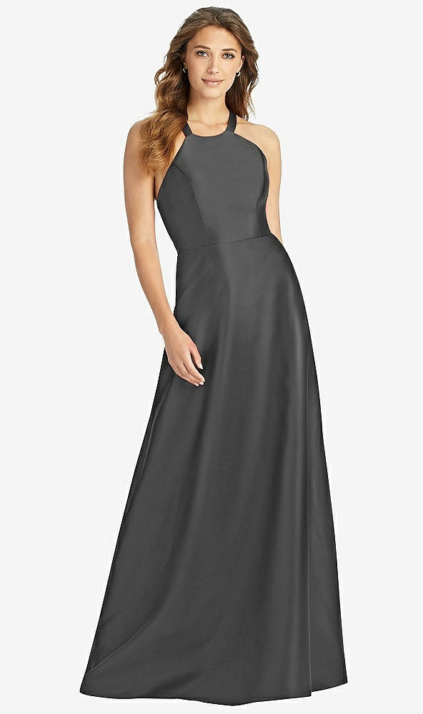 Front View - Pewter Halter Lace-Up A-Line Maxi Dress