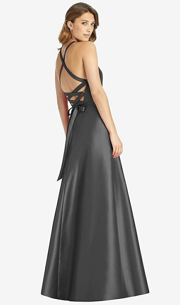 Back View - Pewter Halter Lace-Up A-Line Maxi Dress