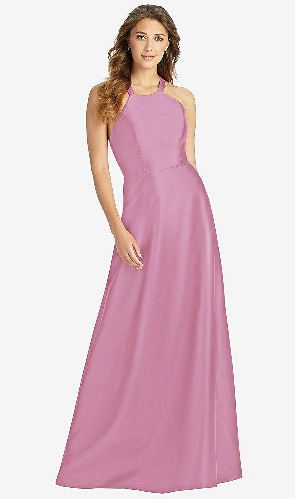 Front View - Powder Pink Halter Lace-Up A-Line Maxi Dress