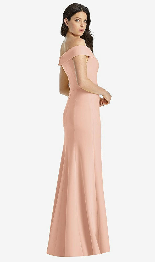 Back View - Pale Peach Off-the-Shoulder Notch Trumpet Gown with Front Slit