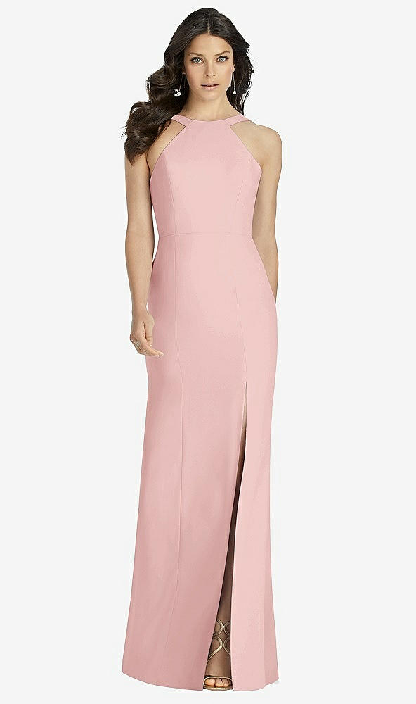 Front View - Rose High-Neck Backless Crepe Trumpet Gown