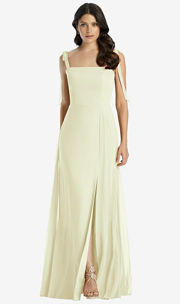 Front View - Butter Yellow Tie-Shoulder Chiffon Maxi Dress with Front Slit