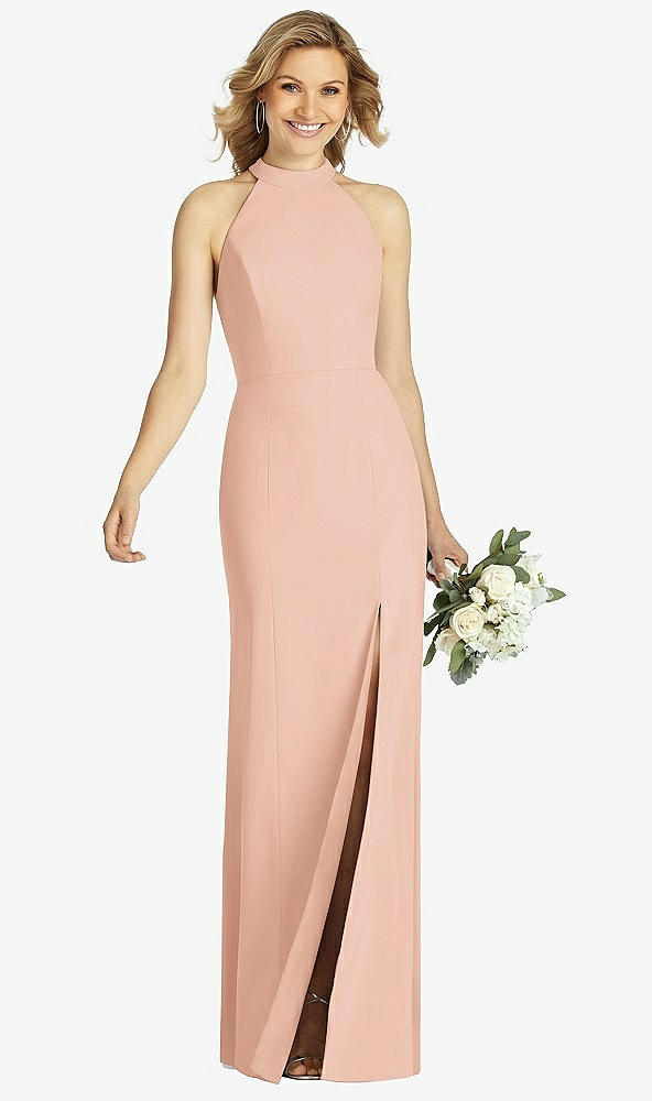 Front View - Pale Peach High-Neck Cutout Halter Trumpet Gown