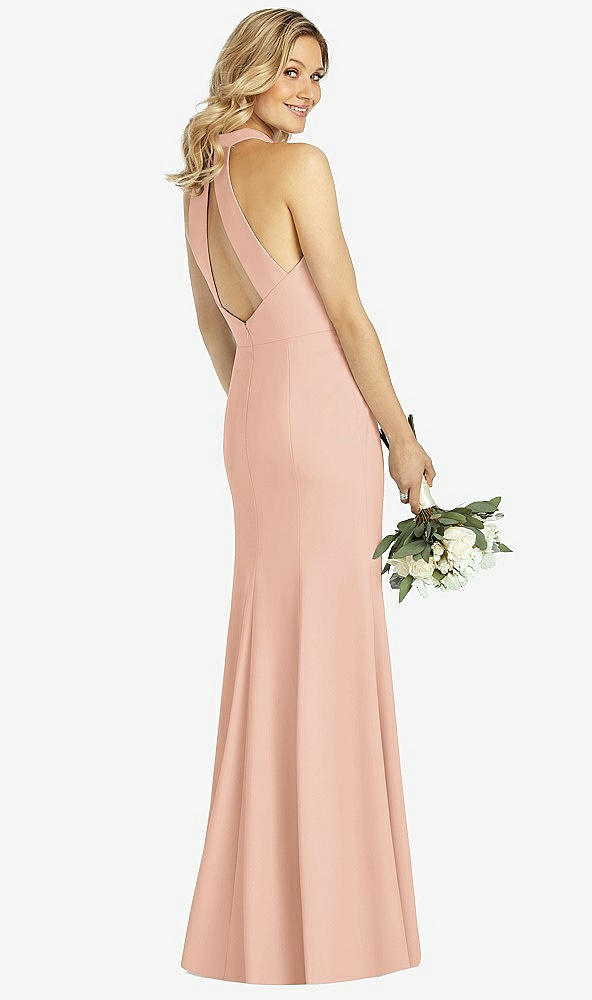 Back View - Pale Peach High-Neck Cutout Halter Trumpet Gown