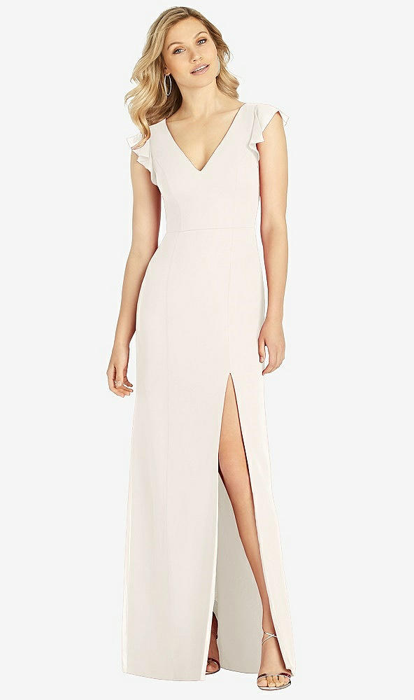 Front View - Ivory Ruffled Sleeve Mermaid Dress with Front Slit