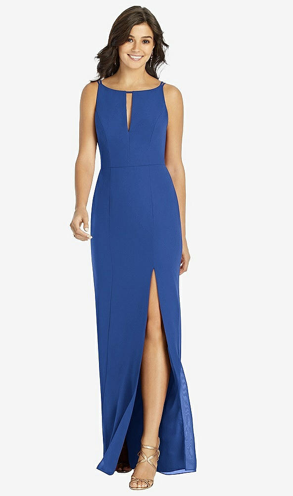 Front View - Classic Blue Keyhole Neck Mermaid Dress with Front Slit