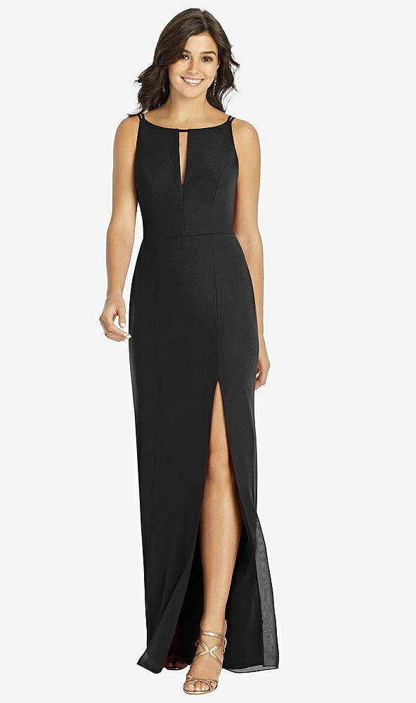 Front View - Black Keyhole Neck Mermaid Dress with Front Slit