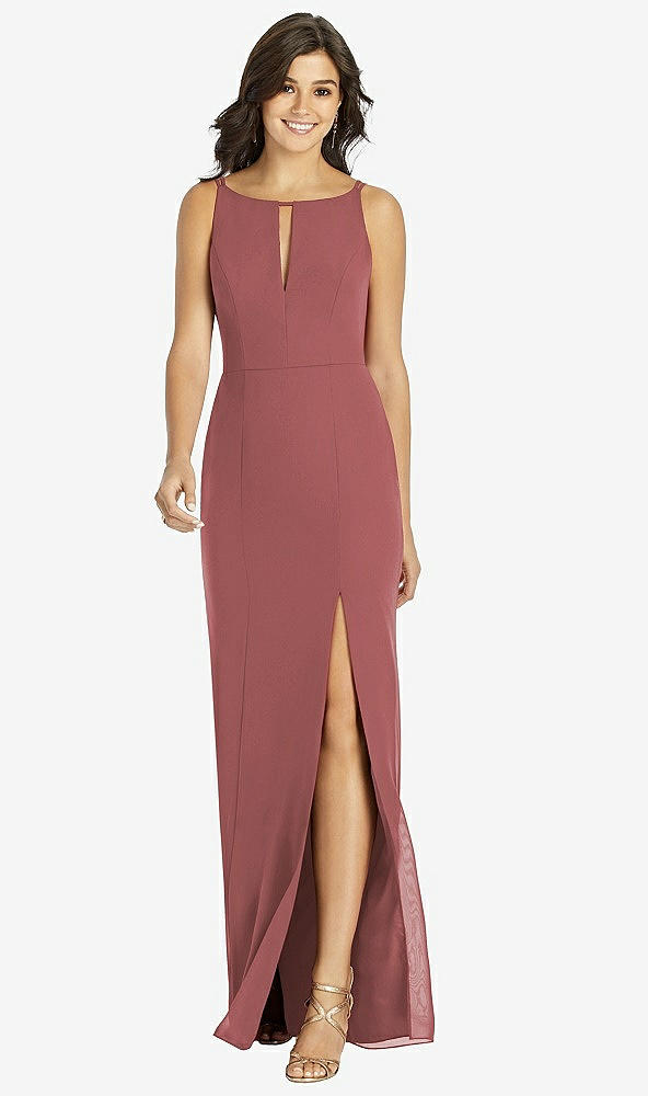 Front View - English Rose Keyhole Neck Mermaid Dress with Front Slit