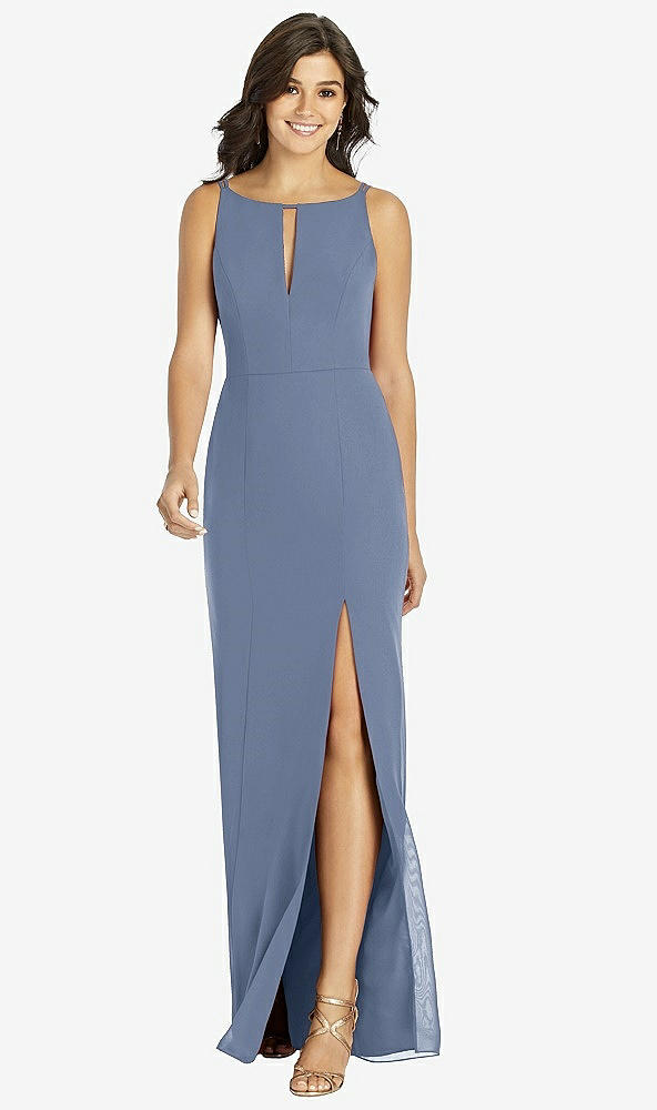Front View - Larkspur Blue Keyhole Neck Mermaid Dress with Front Slit