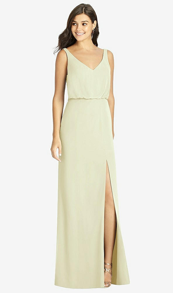 Front View - Butter Yellow Blouson Bodice Mermaid Dress with Front Slit