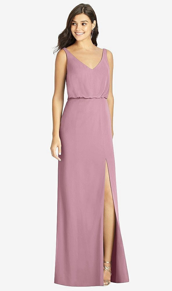 Front View - Dusty Pink Blouson Bodice Mermaid Dress with Front Slit