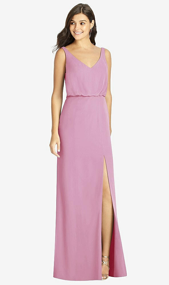 Front View - Powder Pink Blouson Bodice Mermaid Dress with Front Slit