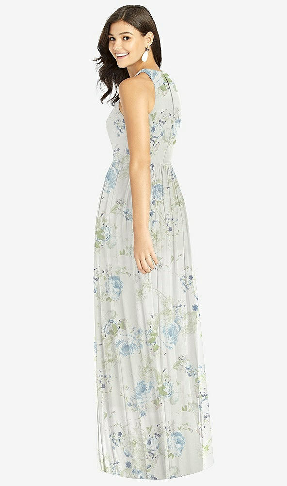 Back View - Bleu Garden Shirred Skirt Jewel Neck Halter Dress with Front Slit