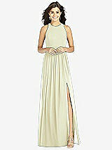 Front View Thumbnail - Butter Yellow Shirred Skirt Jewel Neck Halter Dress with Front Slit