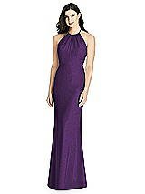 Rear View Thumbnail - Majestic Gold Shimmer Halter-Neck Ruffle-Back Chiffon Trumpet Gown