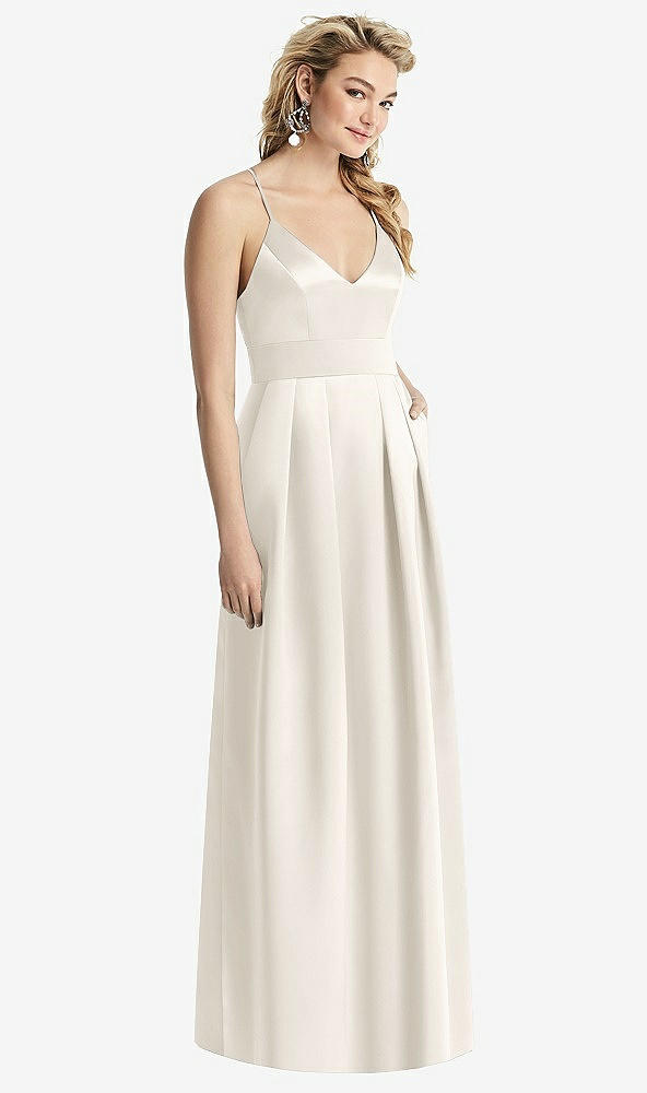Front View - Ivory Pleated Skirt Satin Maxi Dress with Pockets