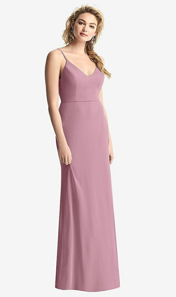 Back View - Dusty Pink Shirred Sash Cowl-Back Chiffon Trumpet Gown