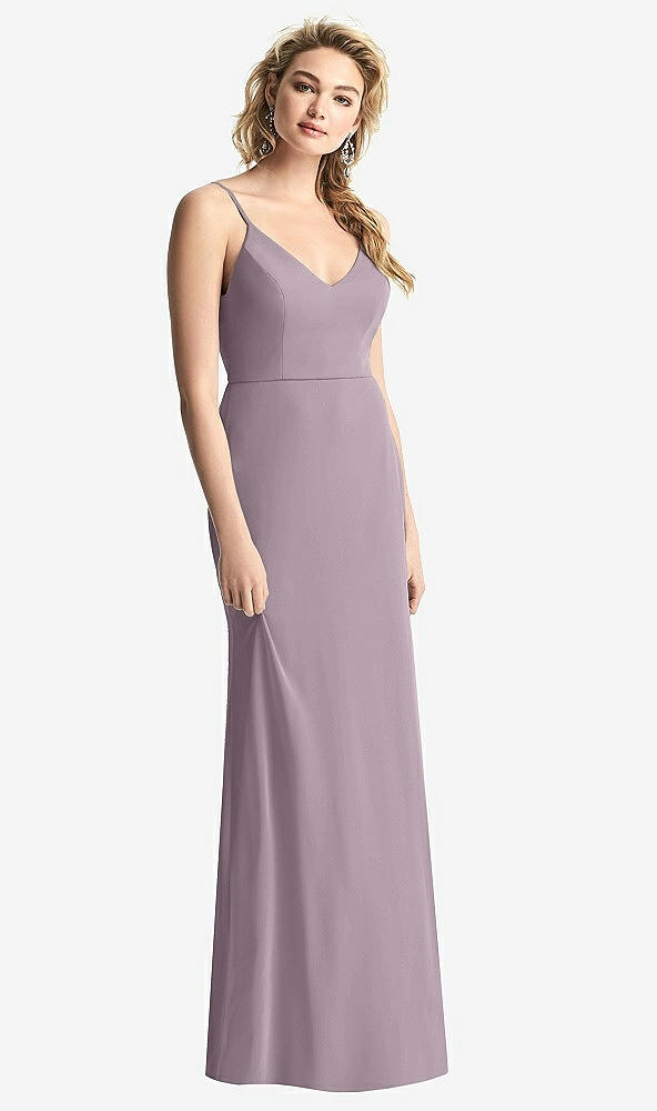 Back View - Lilac Dusk Shirred Sash Cowl-Back Chiffon Trumpet Gown