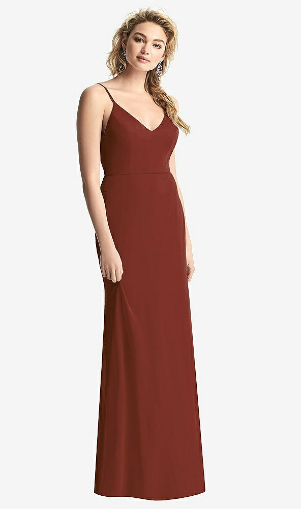 Back View - Auburn Moon Shirred Sash Cowl-Back Chiffon Trumpet Gown