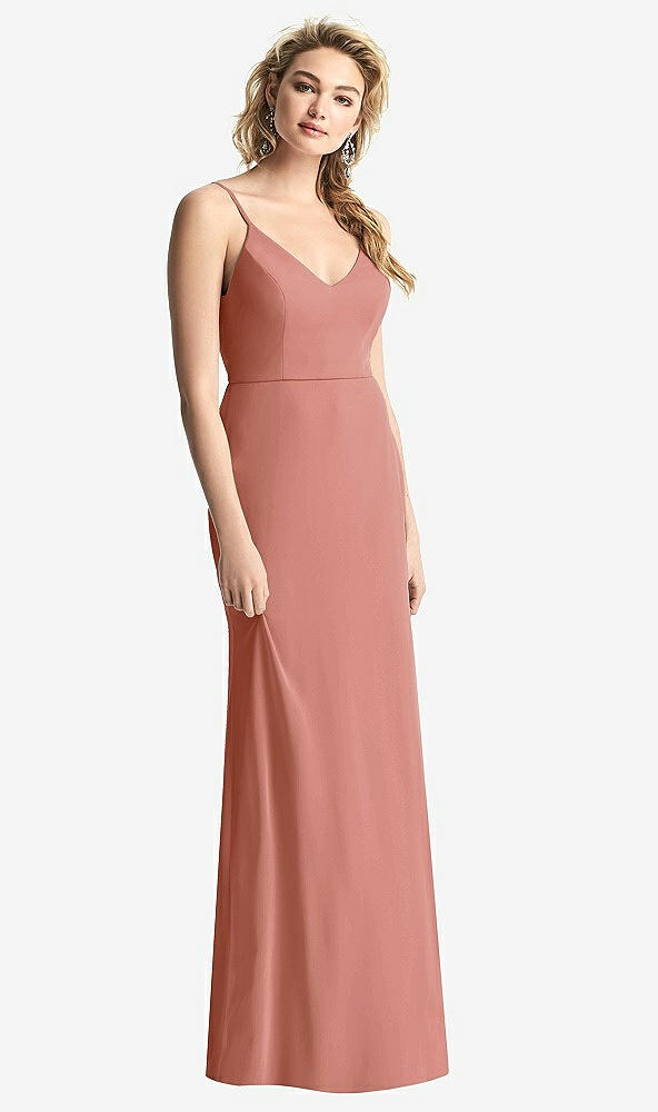 Back View - Desert Rose Shirred Sash Cowl-Back Chiffon Trumpet Gown