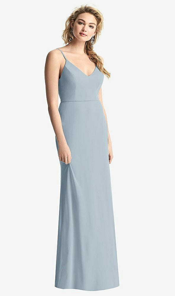 Back View - Mist Shirred Sash Cowl-Back Chiffon Trumpet Gown