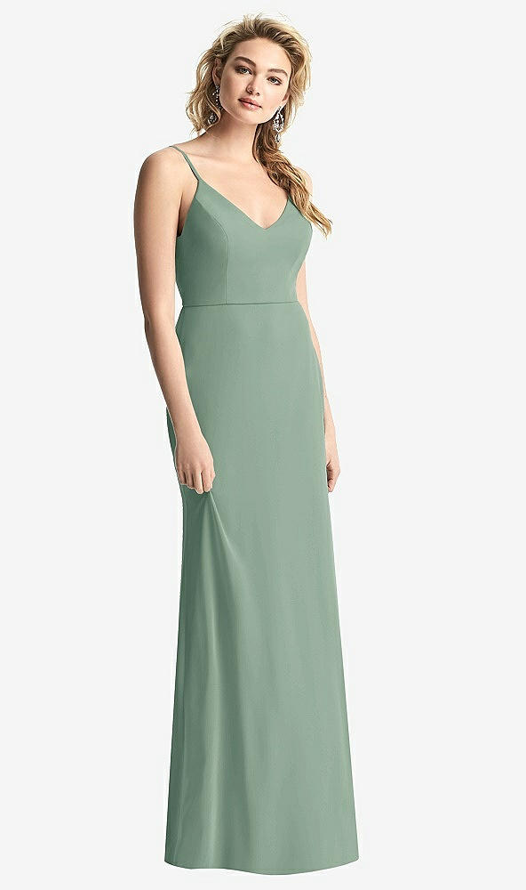 Back View - Seagrass Shirred Sash Cowl-Back Chiffon Trumpet Gown