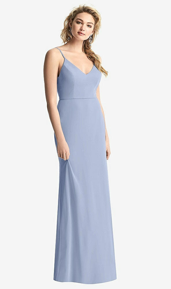 Back View - Sky Blue Shirred Sash Cowl-Back Chiffon Trumpet Gown
