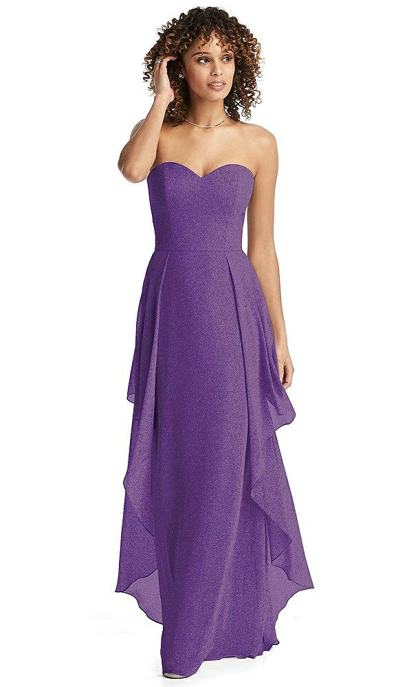 Front View - Majestic Gold Shimmer Strapless Gown with Skirt Overlay